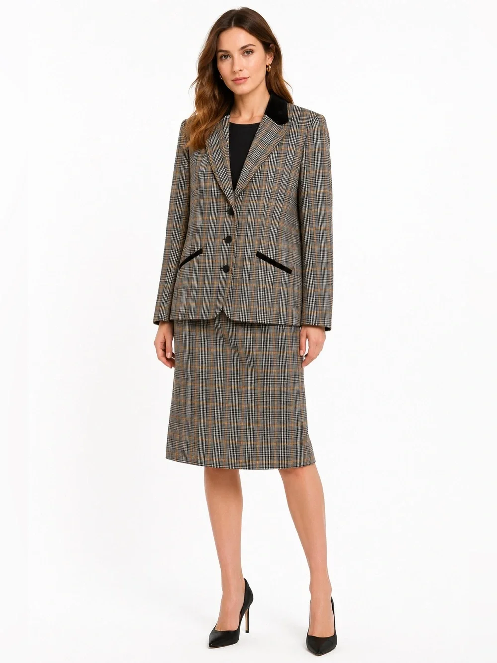Vintage Pendleton 100% virgin wool skirt suit set plaid tartan black tan size 10